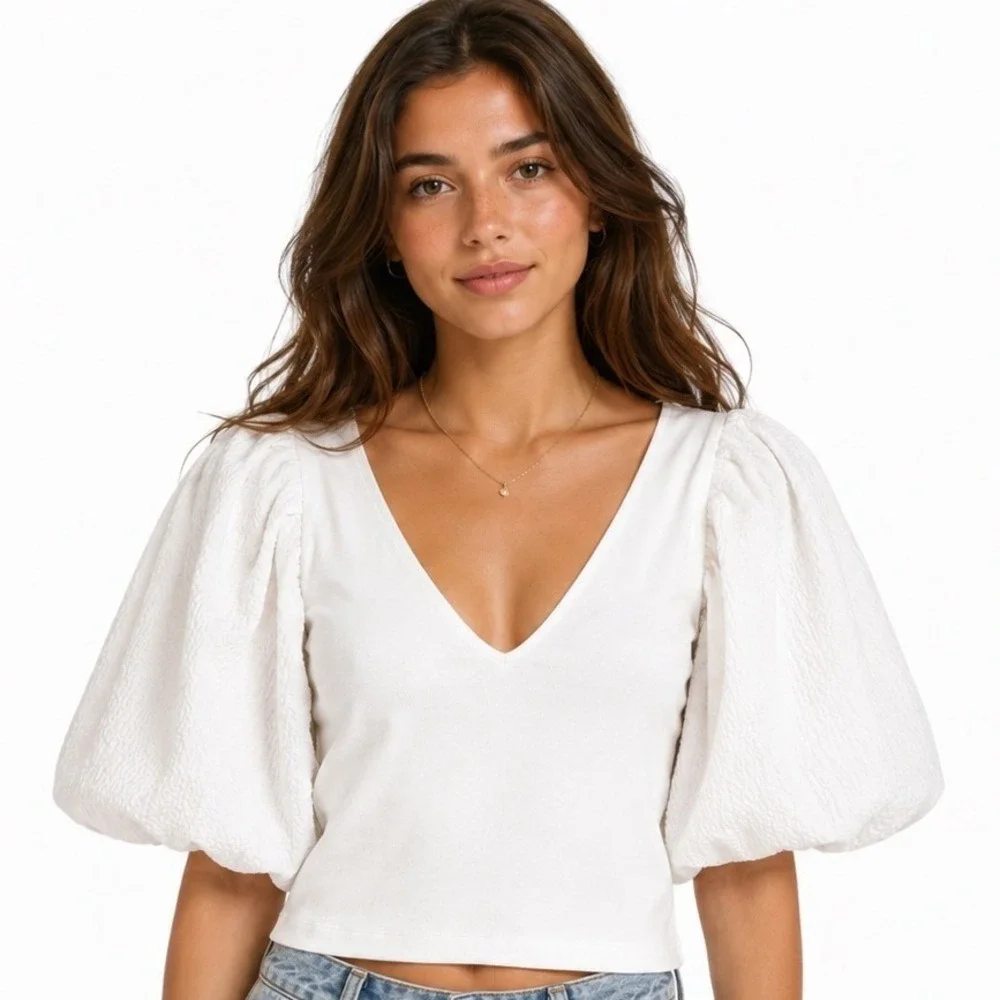 Zara Top Statement Ribbed Knit V‎ Neck White Puff Seersucker Sleeve Turkey L
